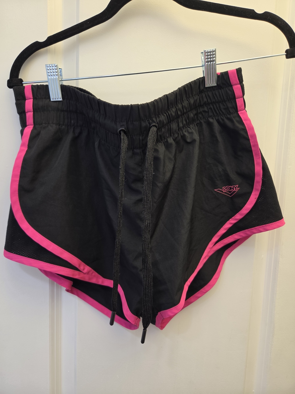 PONY Women's Black & Pink Mesh Athletic Shorts Drawstring Elastic Waist M